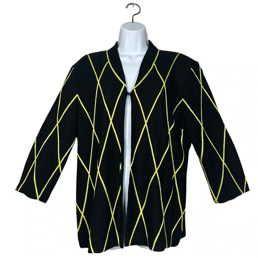 Misook XL Black Yellow Geometric Knit Open Front Clip Cardigan Jacket 3/4 Sleeve - Picture 11 of 11